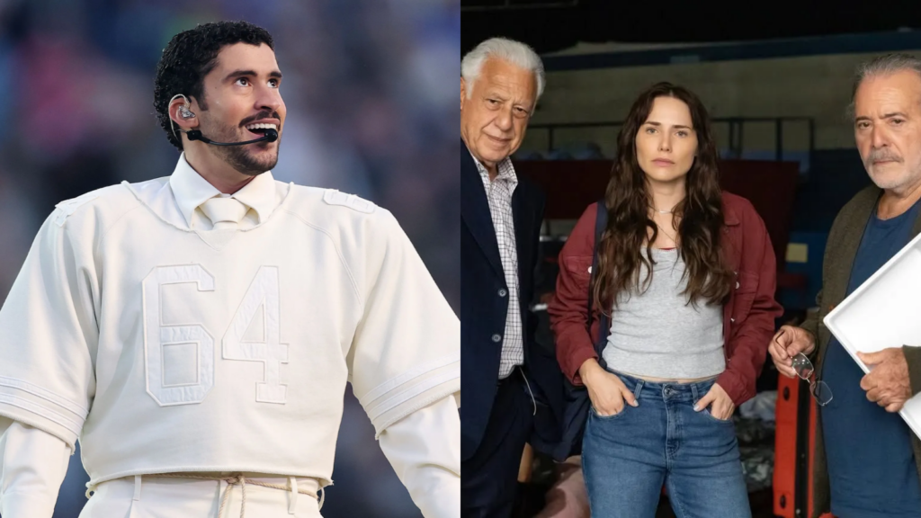 Foto de Bad Bunny cantando no microfone